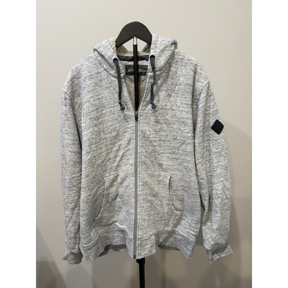 Eddie Bauer Mens 2XL Sherpa Lined Full Zip Hoodie Gray Heavyweight Fleece Jacket
